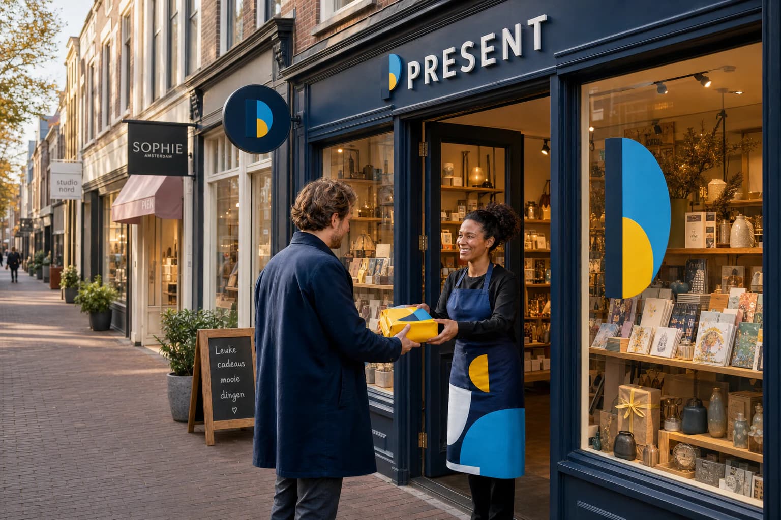 A recognisable brand style repeated on a shop, packaging, clothing and a delivery bike