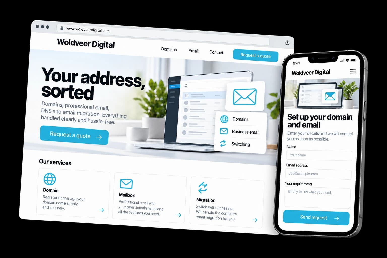 Example of extra domain & email options on desktop and phone