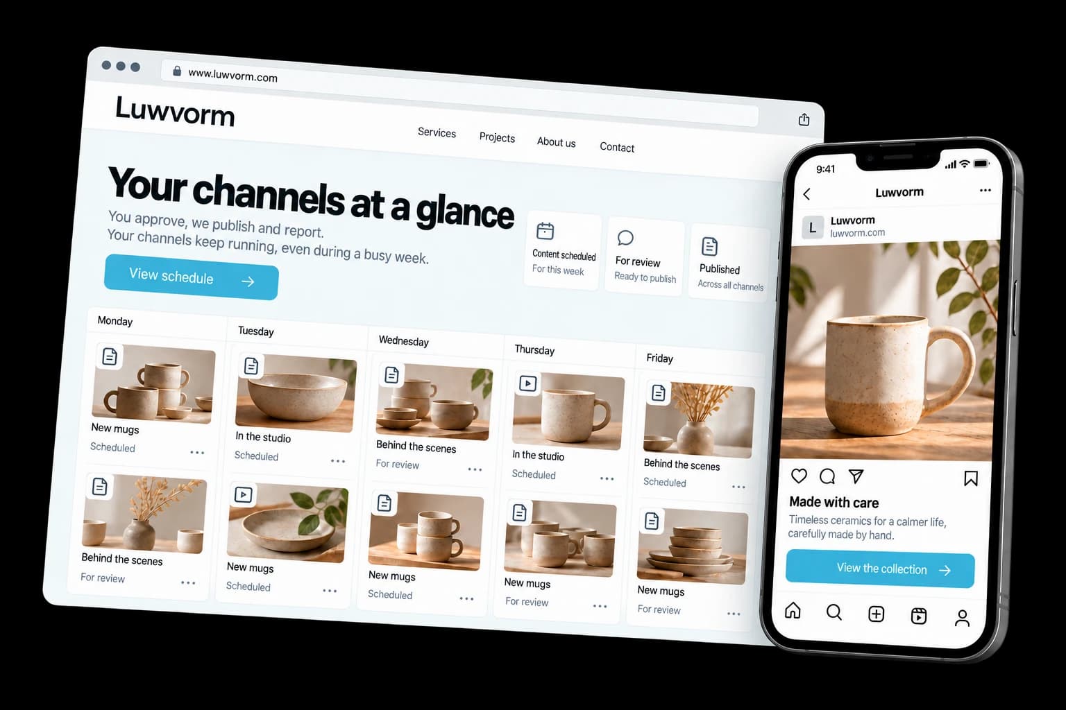 Example of social media management on desktop and phone