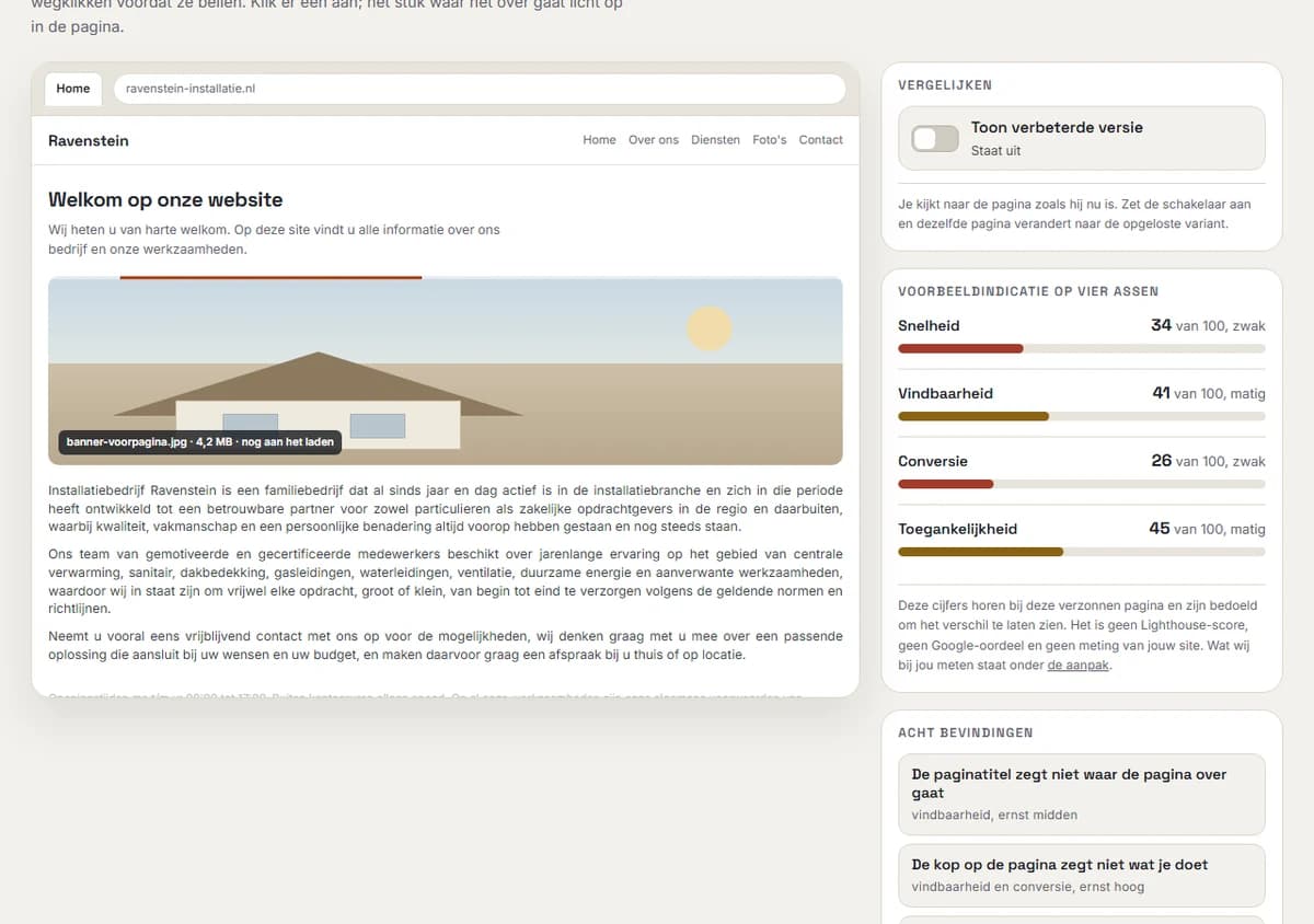 Example of website health check & conversion: Verbeterpunten naast de pagina