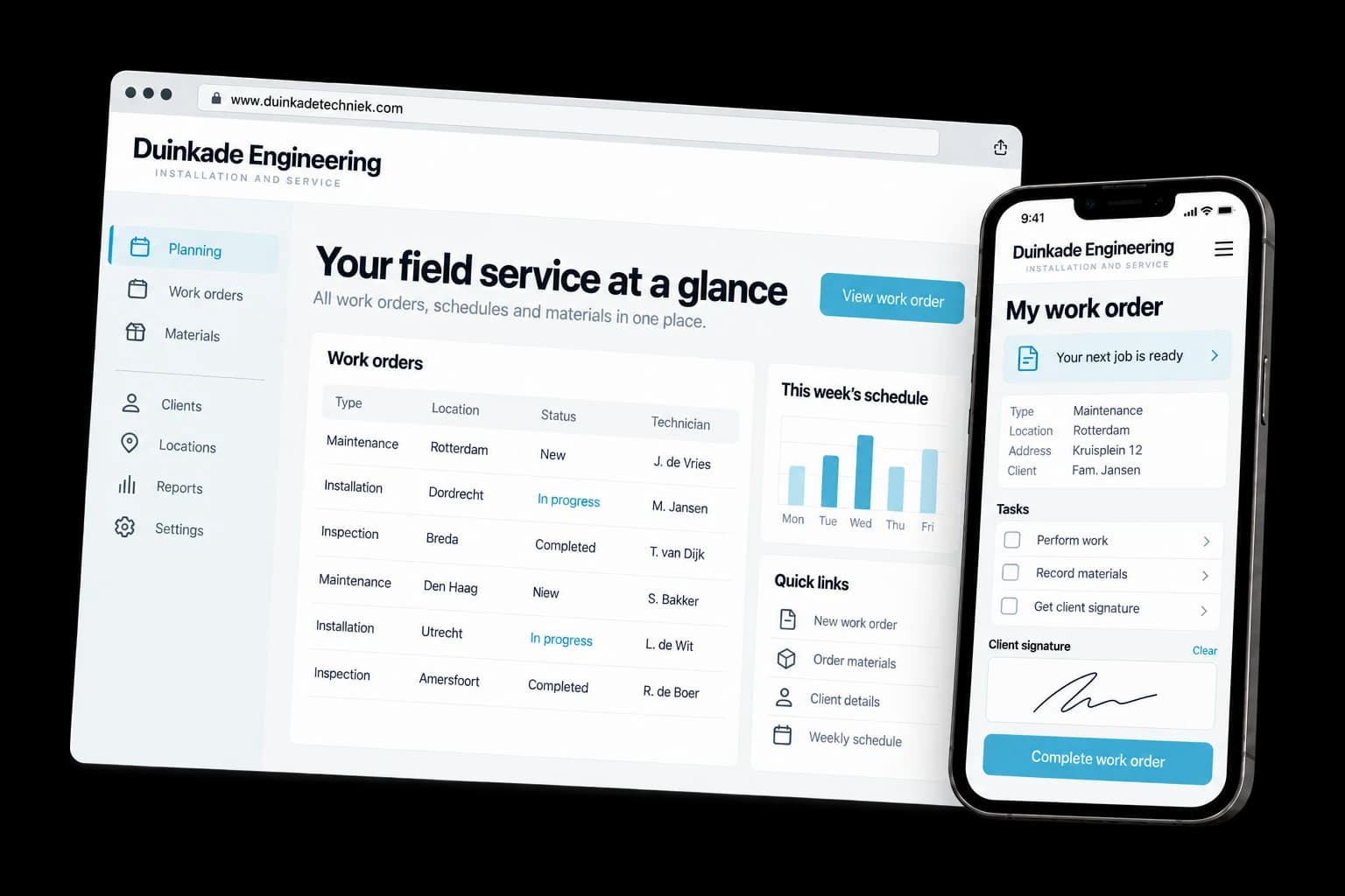 Example of field service platform on desktop and phone