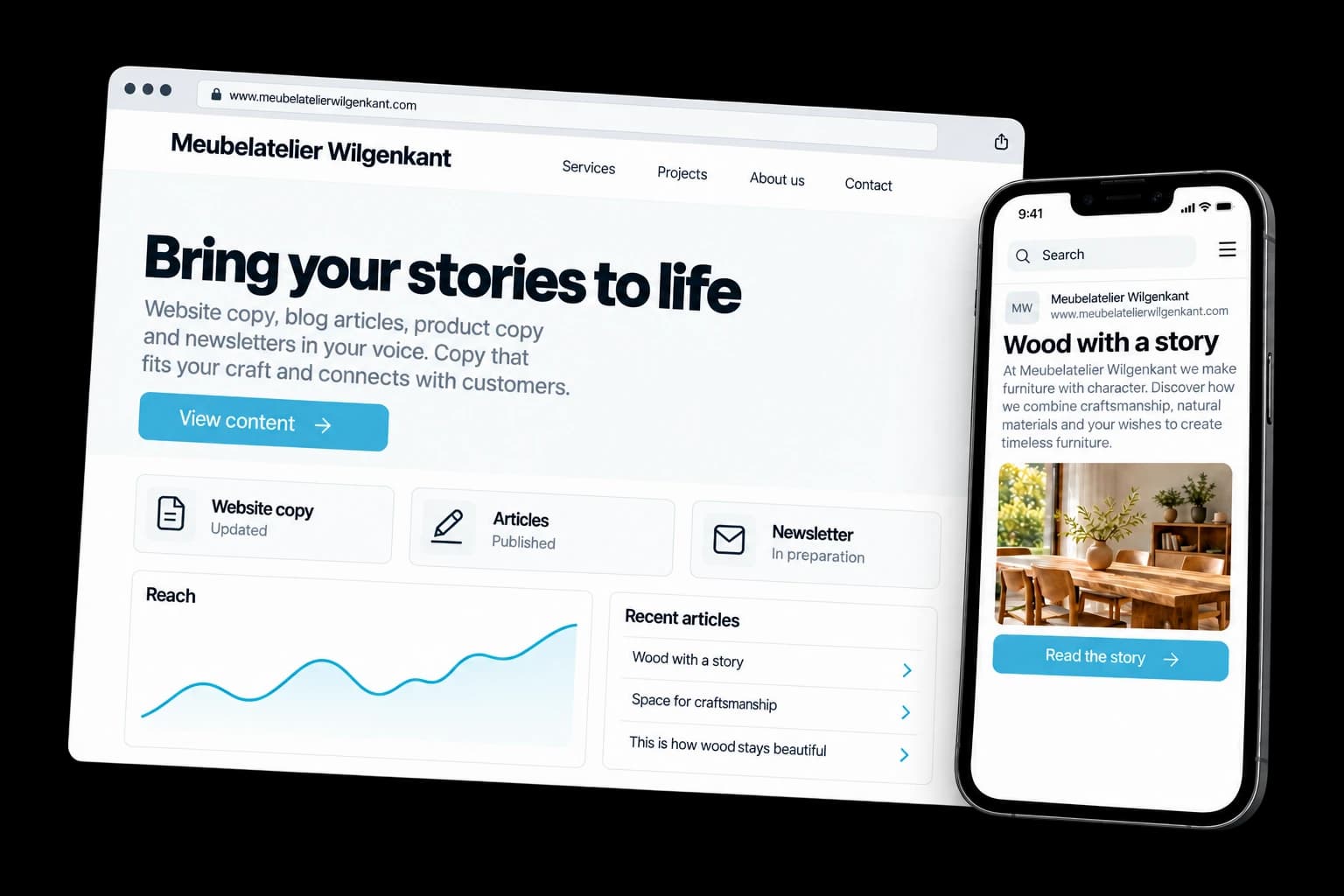 Example of content & copywriting on desktop and phone