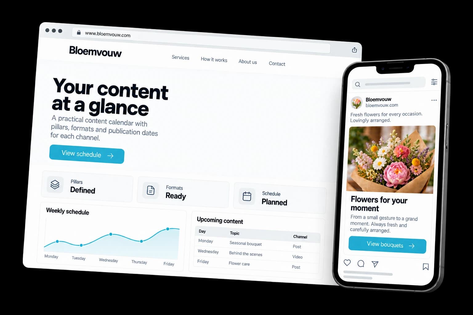 Example of content calendar & planning on desktop and phone