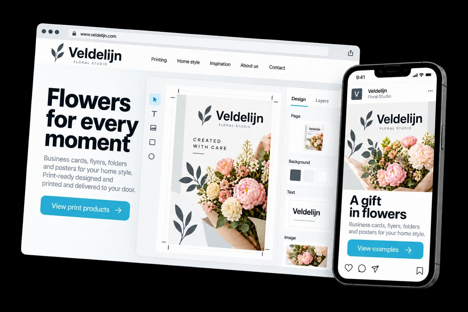 Example of print design on desktop and phone