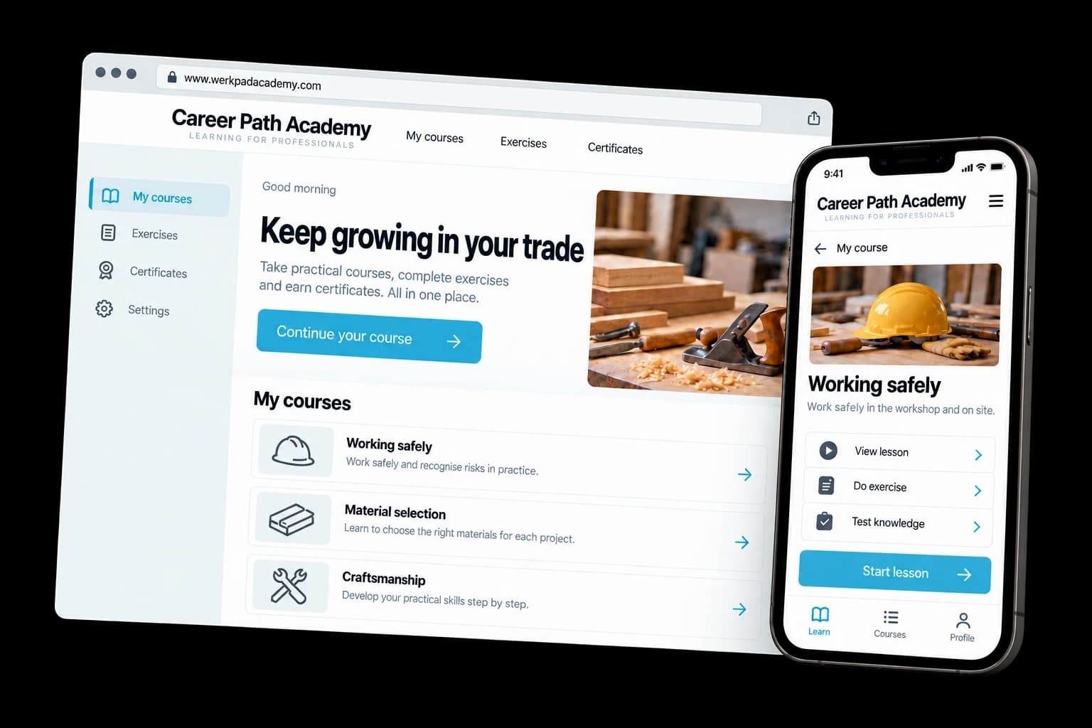 Example of E-learning platform on desktop and phone