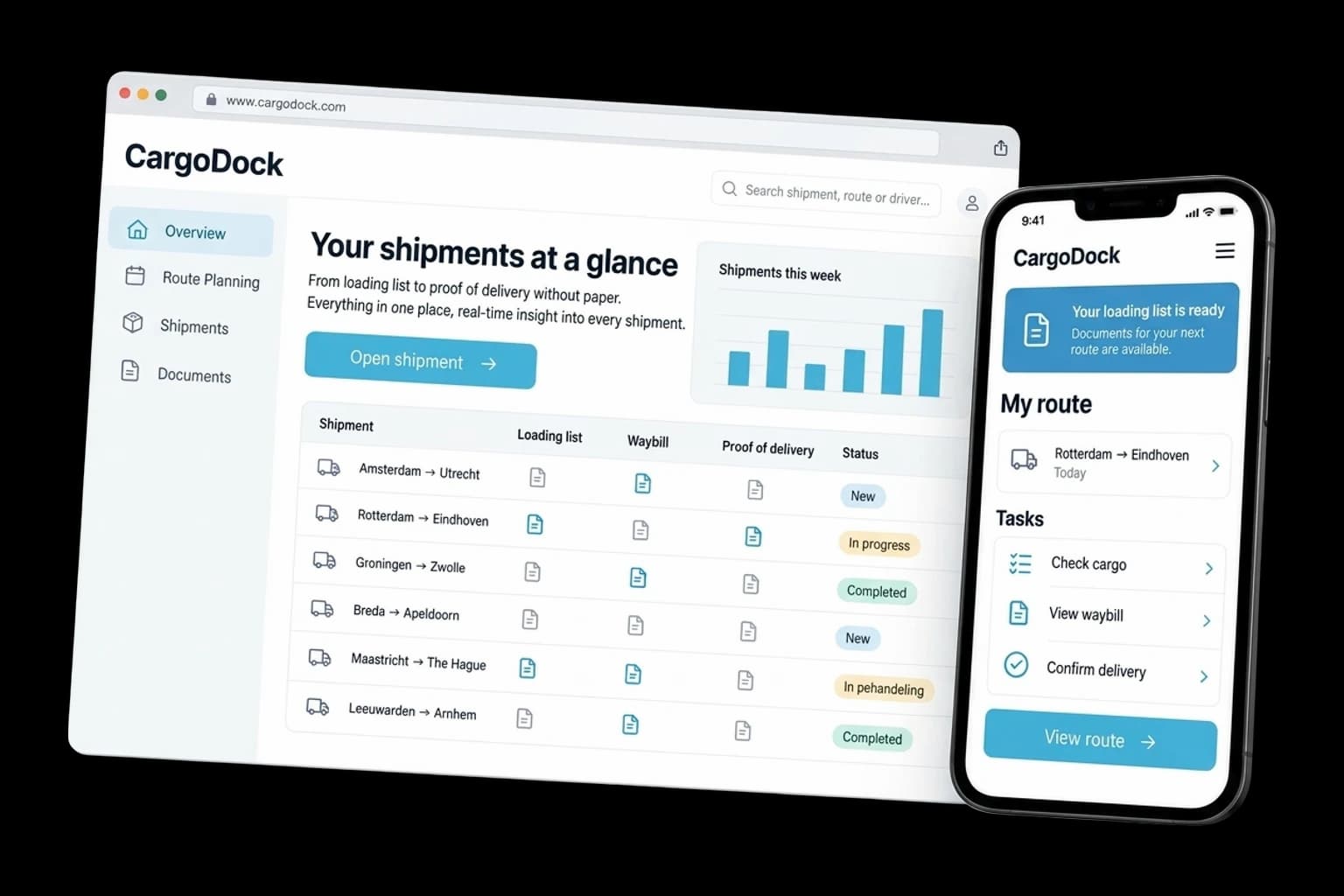 Example of logistics & transport platform on desktop and phone