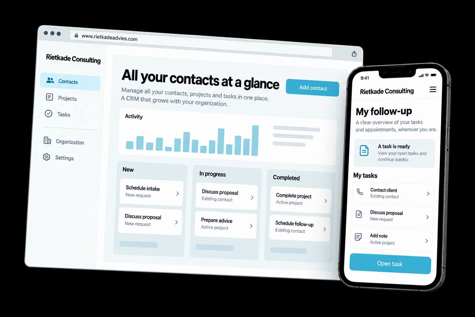 Example of fully custom CRM platform on desktop and phone