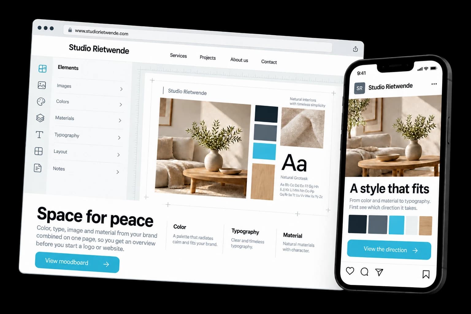 Example of professional mood board on desktop and phone