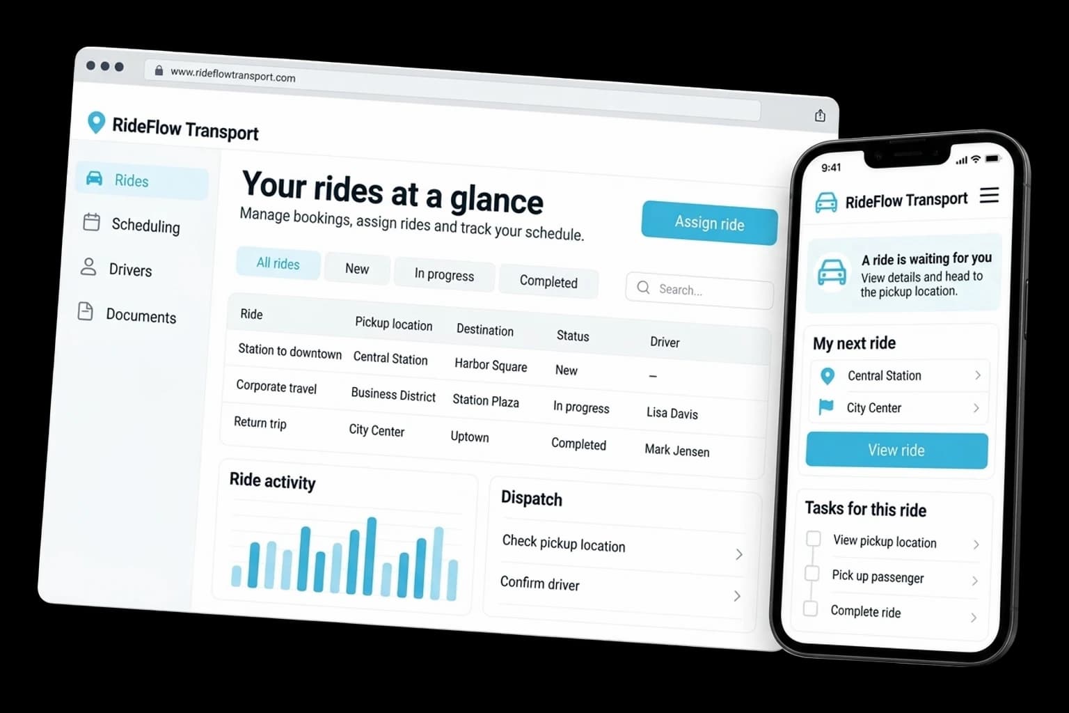 Example of taxi & transport platform on desktop and phone