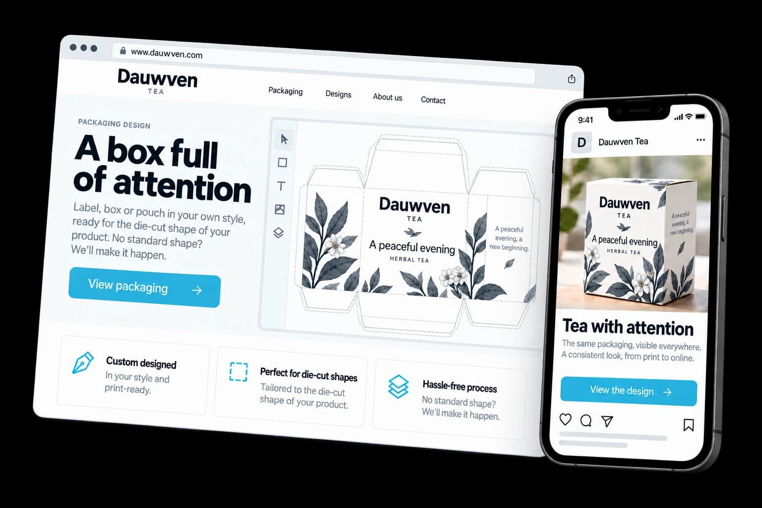 Example of packaging design on desktop and phone