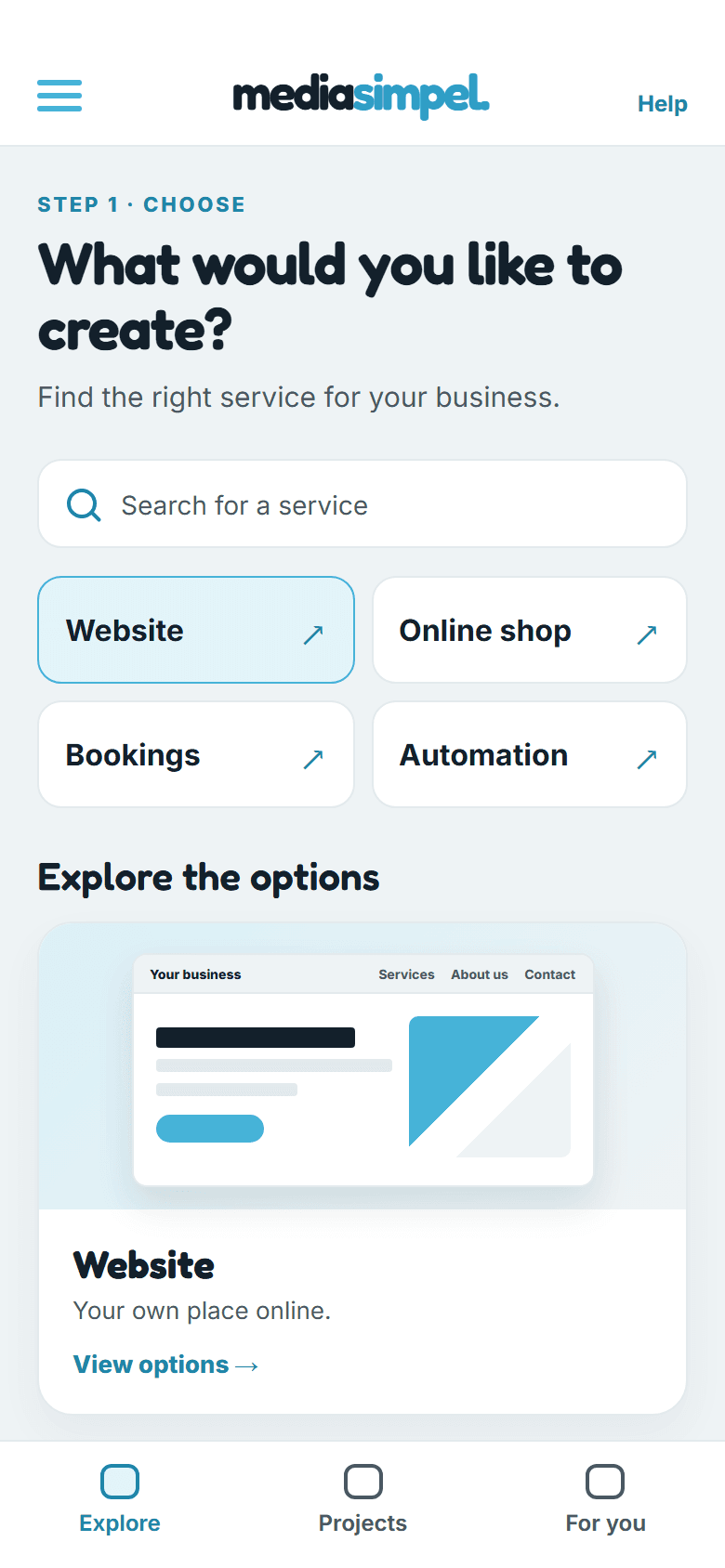 Simplified mobile service selector with four choices and a website card