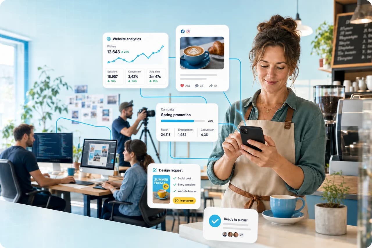 A business owner manages her media team from the MediaSimpel dashboard on her phone