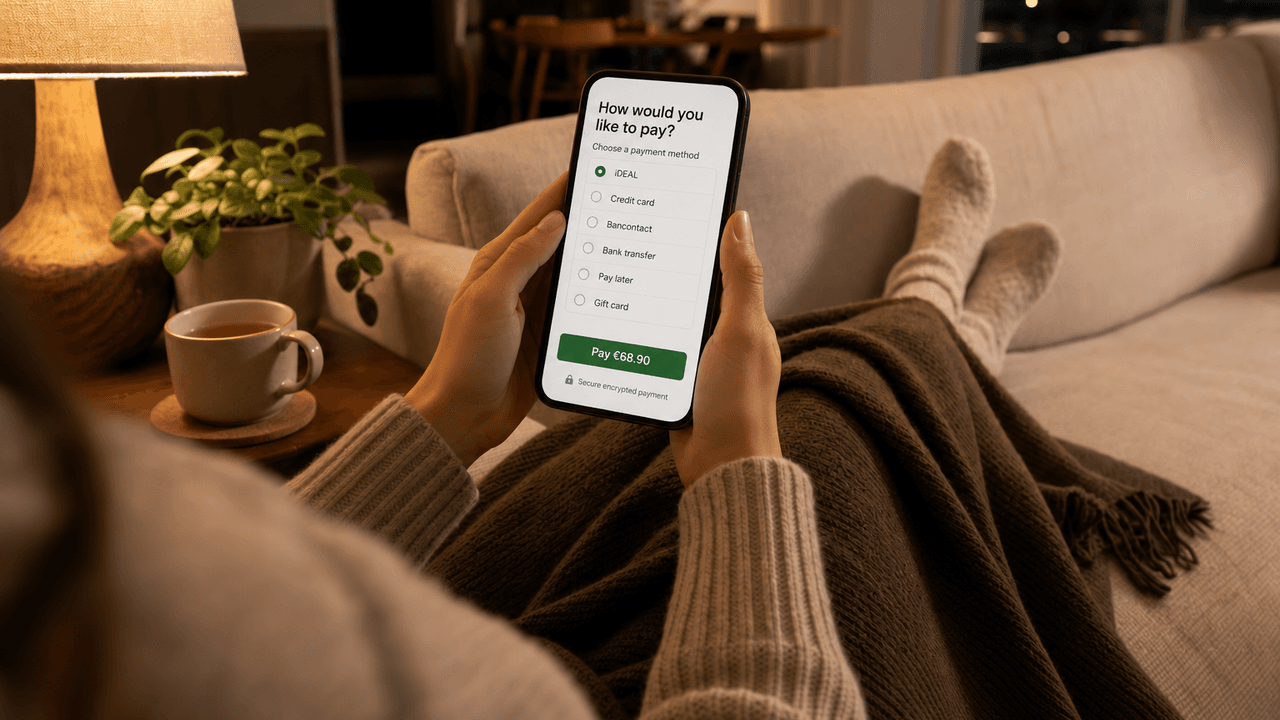 Someone lying on the sofa with a phone in hand, choosing a payment method in an online shop checkout