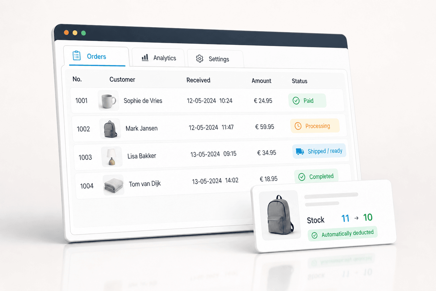Management screen of a webshop with an order list, statuses and a stock alert