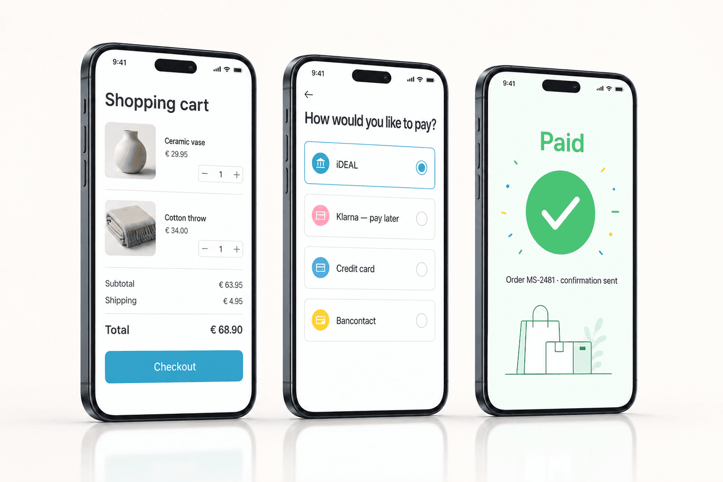 Three phone screens side by side: a basket with the total, a choice of payment methods and a confirmation that payment was made