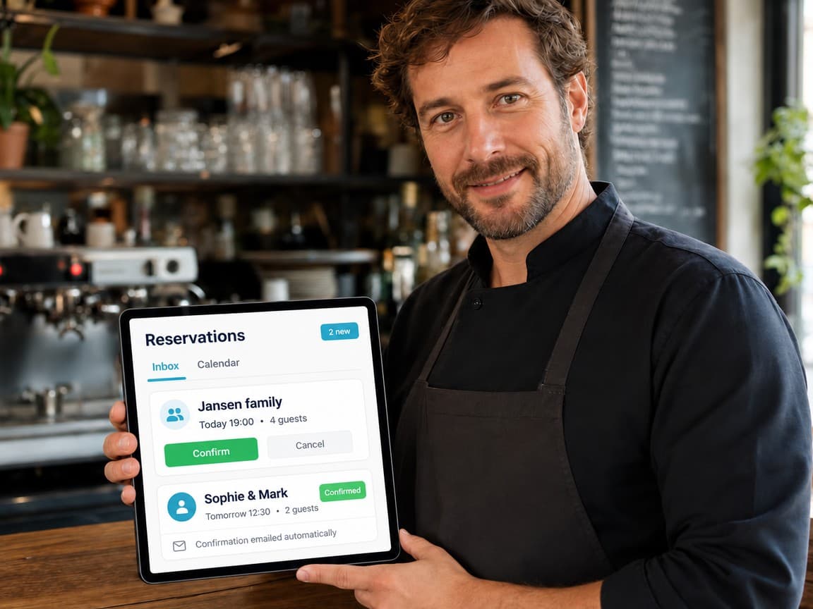 A restaurant owner confirms reservations on a tablet