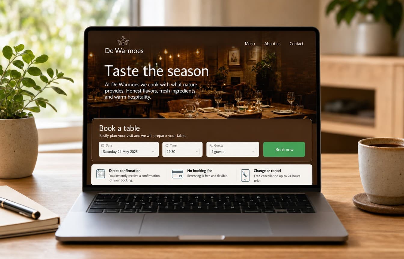 A laptop showing a restaurant website with the reservation widget built in, in the same brand style