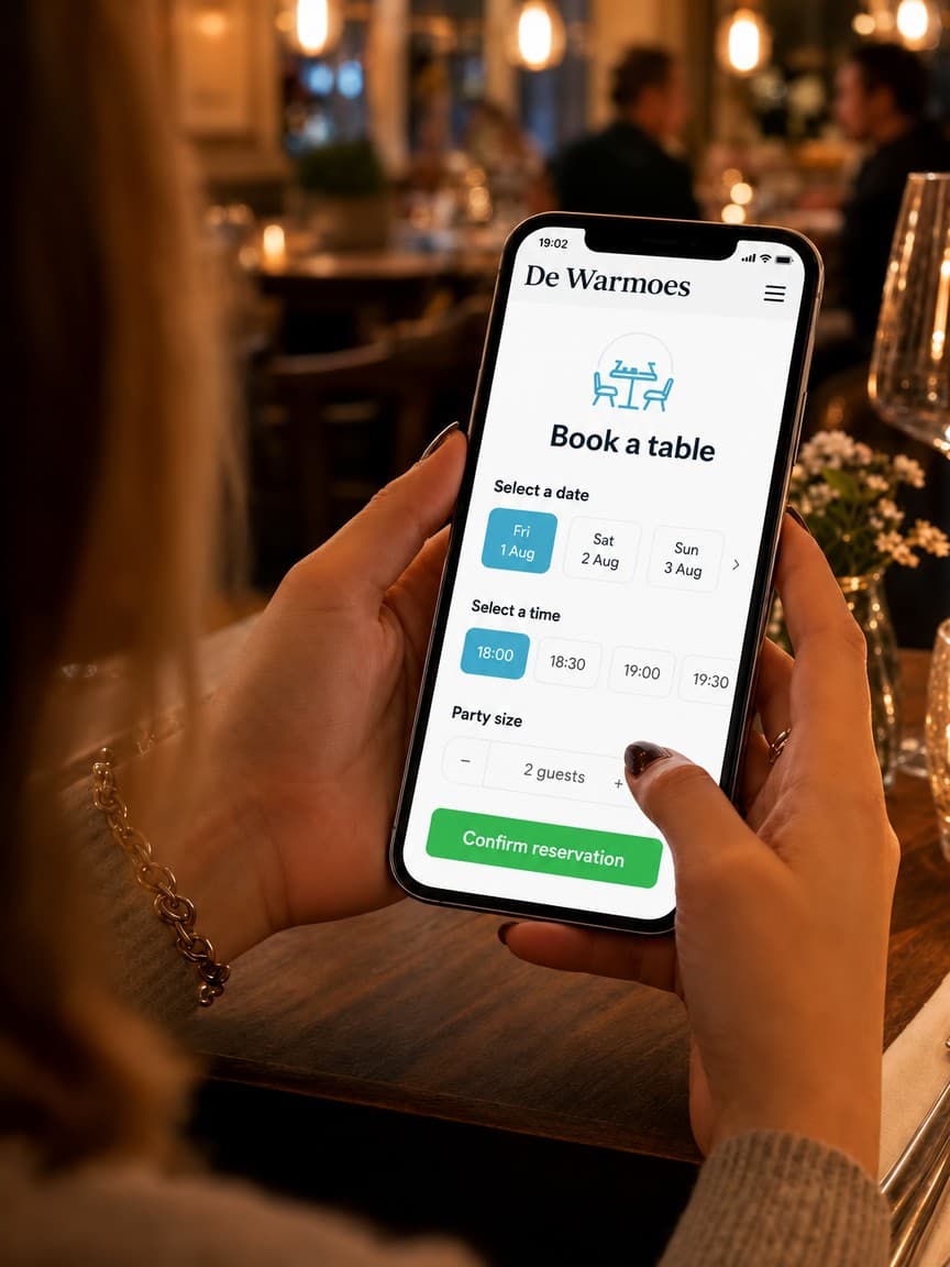 A guest reserves a table on her phone in the restaurant