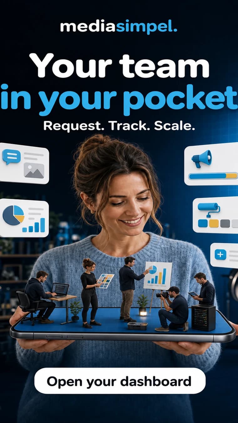 Your team in your pocket: a business owner holds a phone showing her media team at work