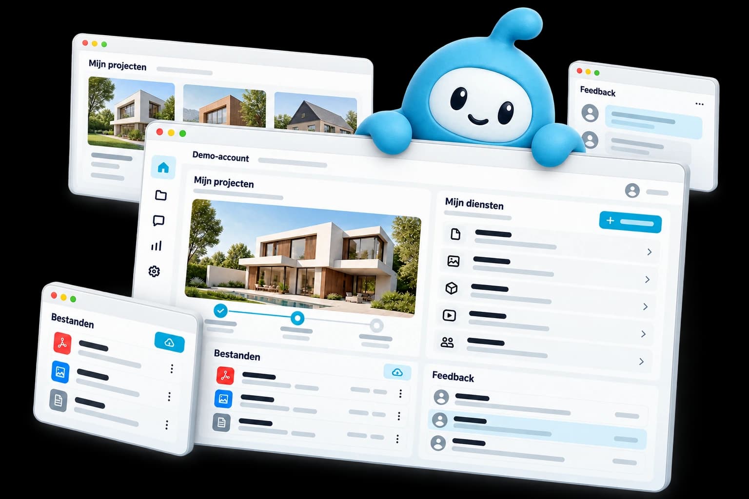 Klantdashboard van MediaSimpel met projectvoortgang, bestanden en feedback