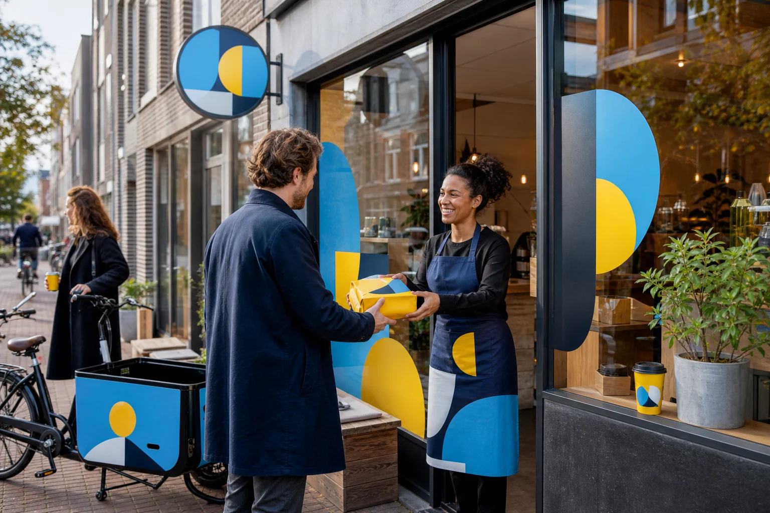 Een herkenbare huisstijl die terugkomt op een winkel, verpakking, kleding en bezorgfiets