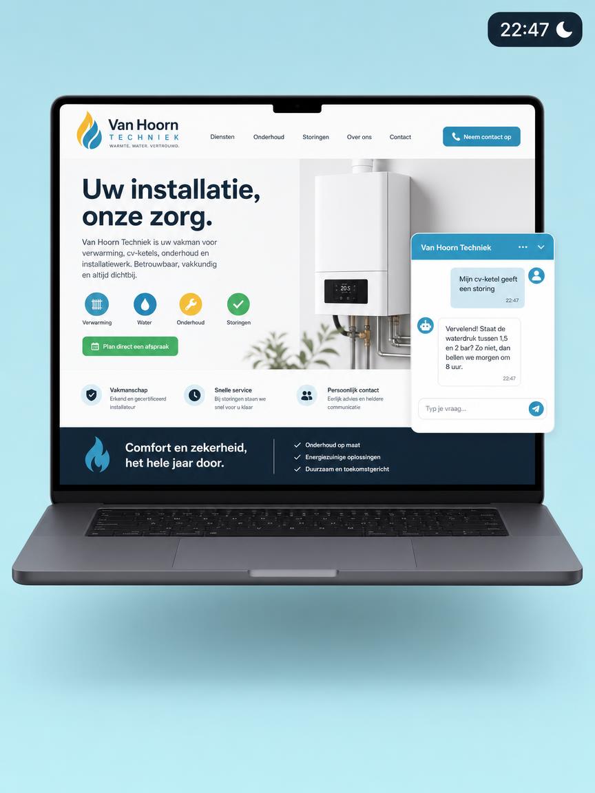 Chatwidget op een klantsite die 's avonds om kwart voor elf een vraag over een cv-storing beantwoordt