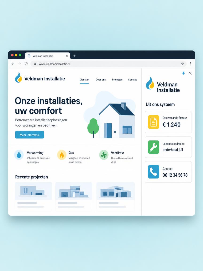 Zijpaneel van een extensie met openstaande factuur, lopende opdracht en contactgegevens