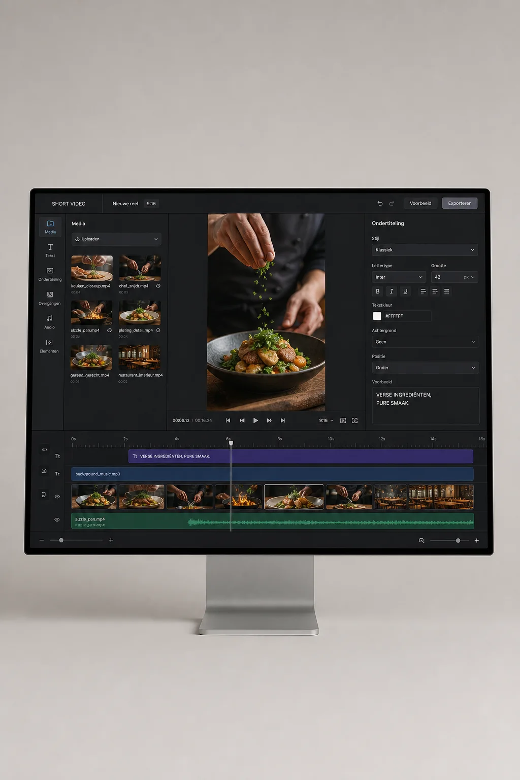 Realistische verticale-video-editor met één 9:16-preview, ondertiteling en tijdlijn