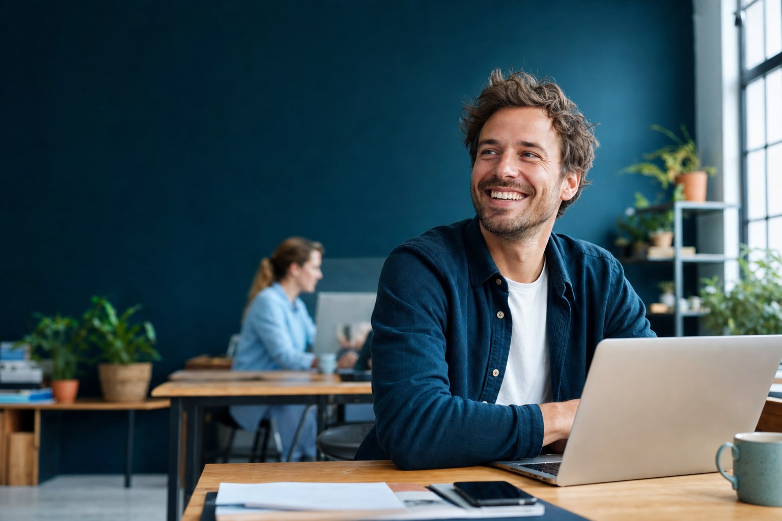 Tevreden ondernemer bij de lancering van zijn nieuwe website