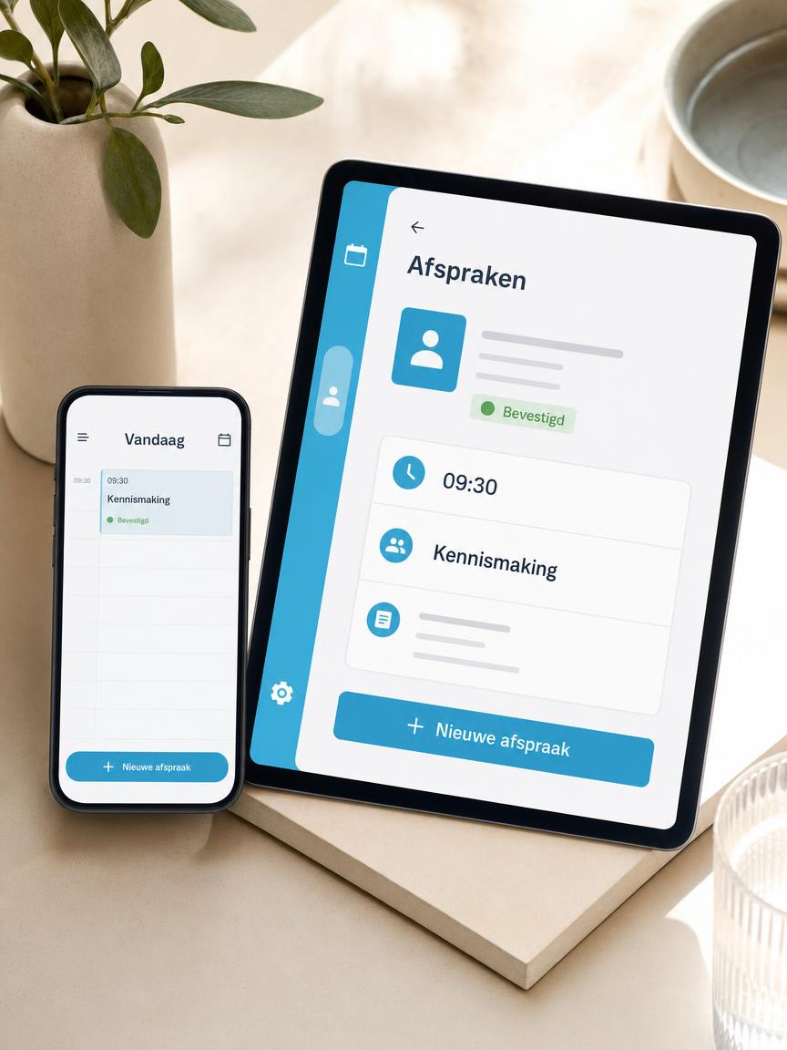 Realistische mock-up van een Nederlandse iOS-app op telefoon en tablet