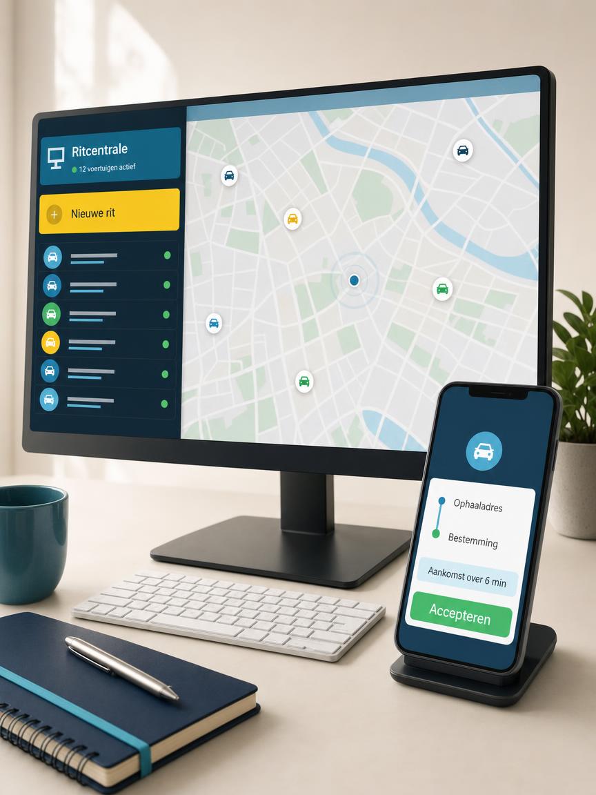 Taxi- en vervoersplatform met ritcentrale en chauffeursapp