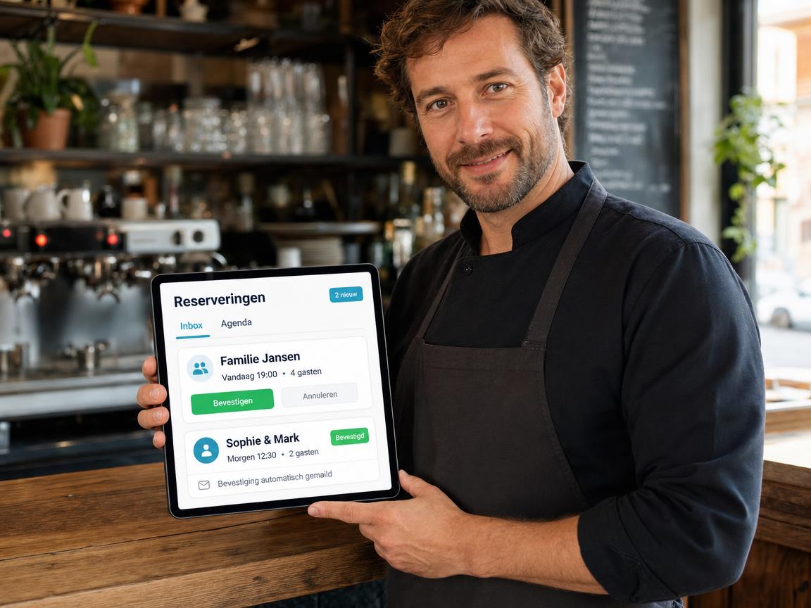 Restauranteigenaar bevestigt reserveringen op een tablet