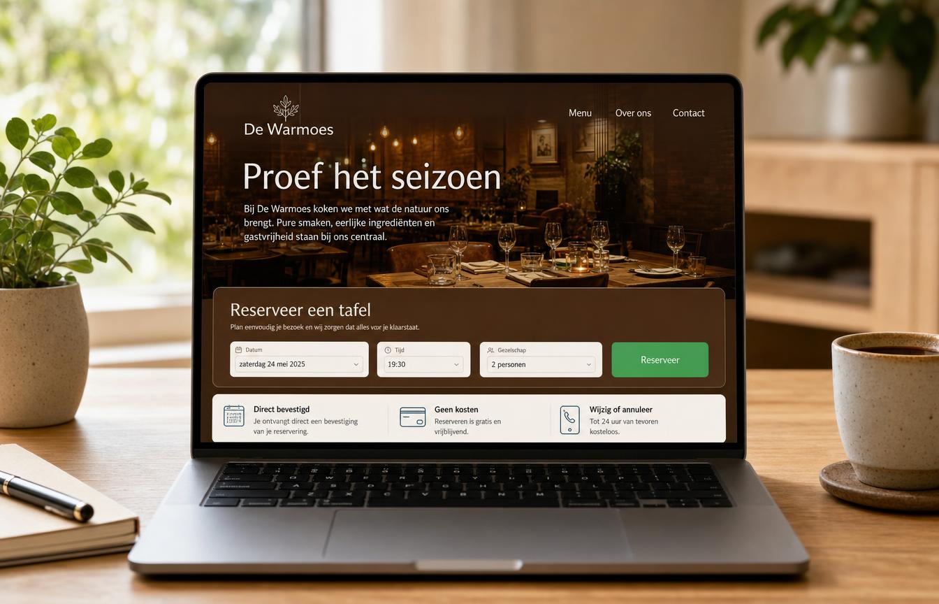 Laptop met een restaurantwebsite waarin het reserveringswidget in dezelfde huisstijl is ingebouwd