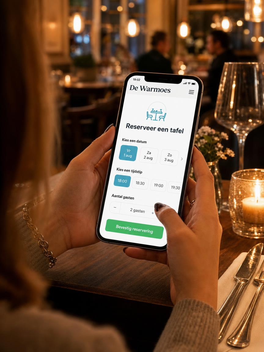 Gast reserveert een tafel op haar telefoon in het restaurant