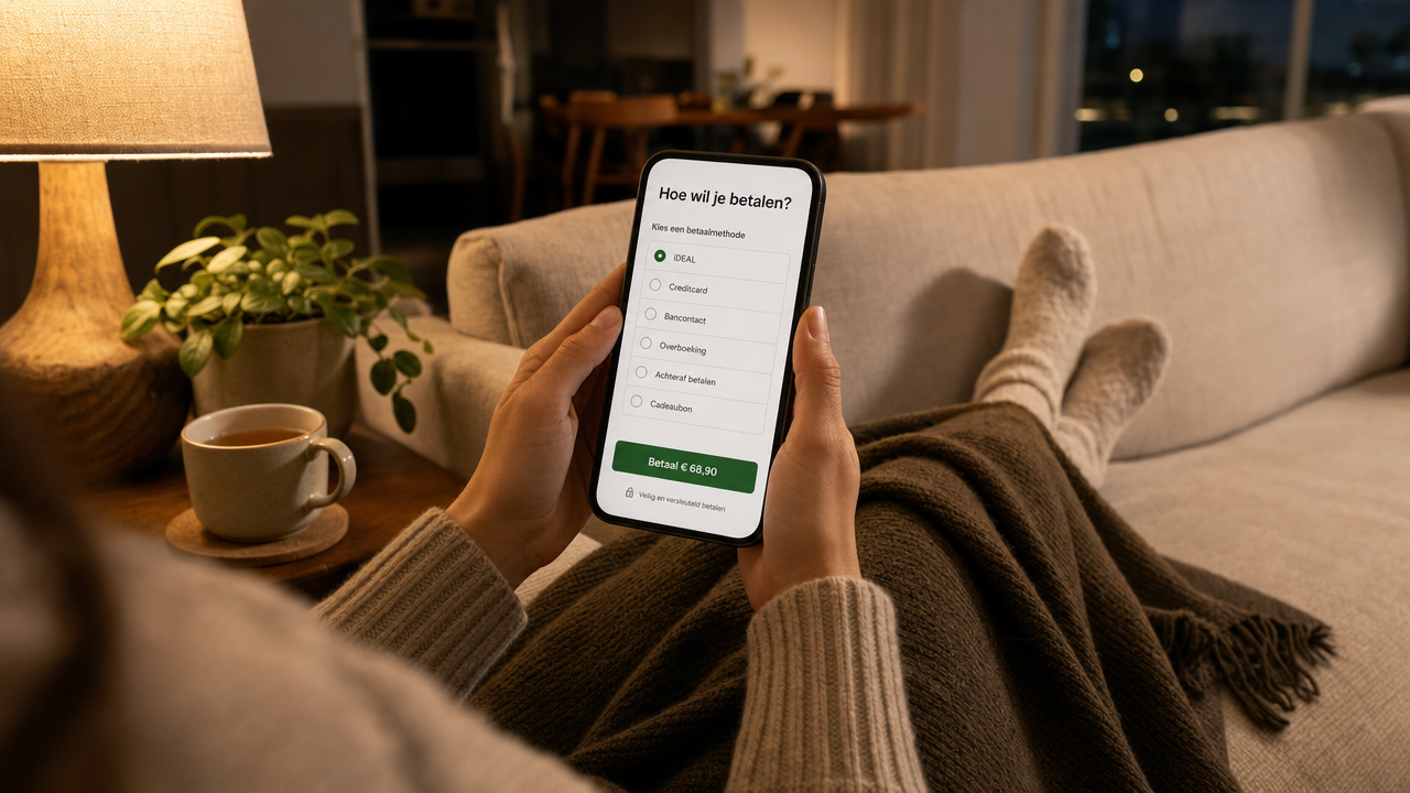 Iemand ligt op de bank met een telefoon in de hand en kiest een betaalmethode in een webshop-checkout