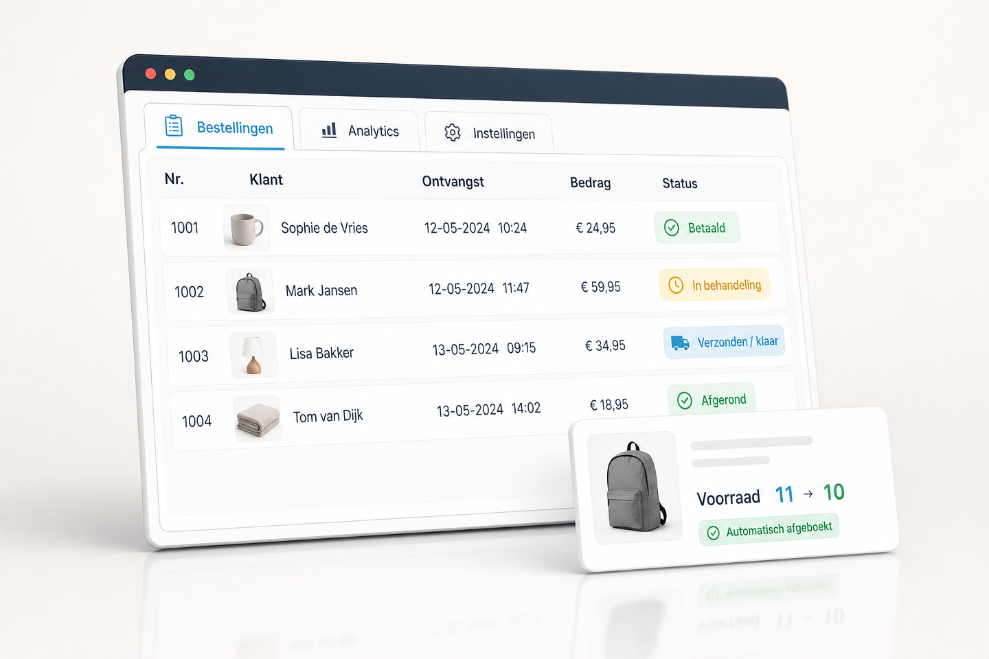 Beheerscherm van een webshop met een bestellingenlijst, statussen en een voorraadmelding