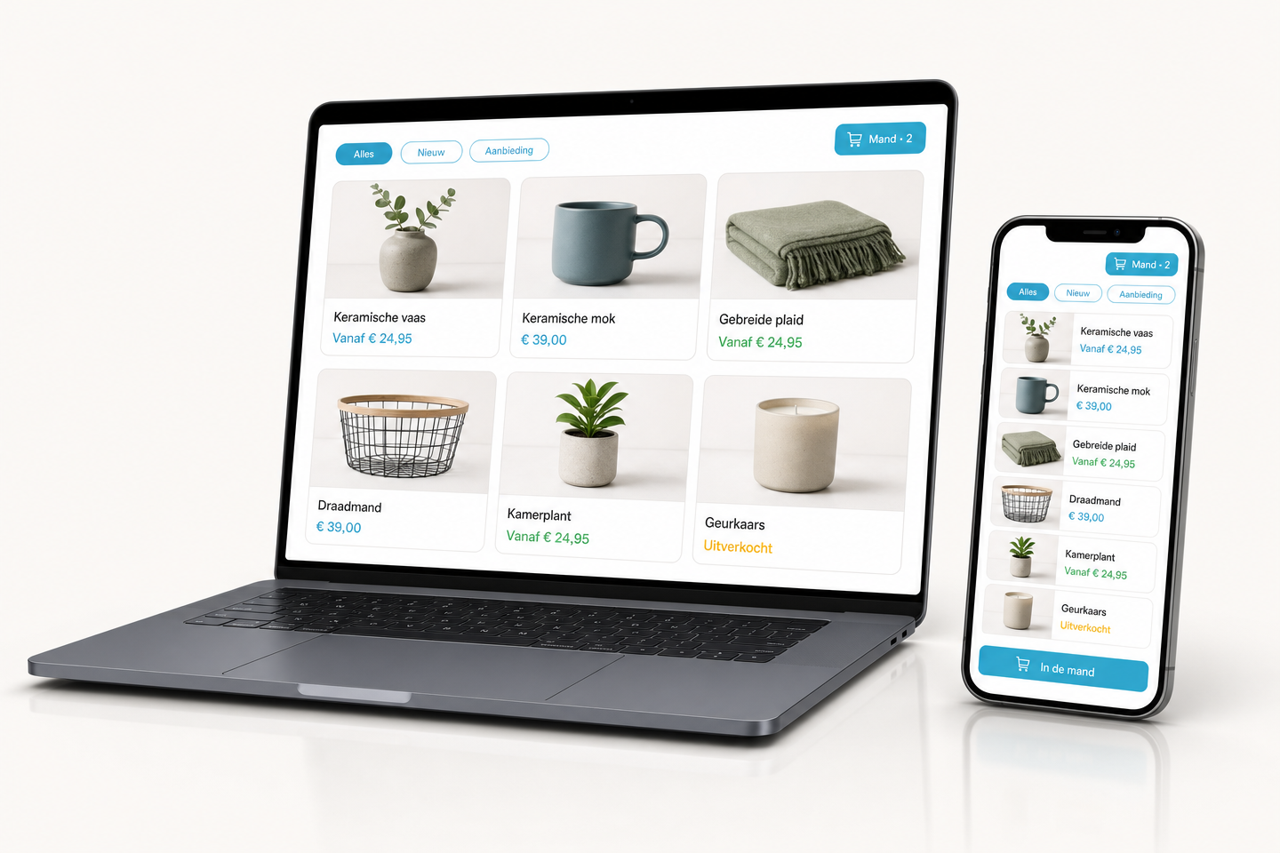 Een webshop op een laptop en een telefoon naast elkaar, met een productoverzicht en een winkelmand