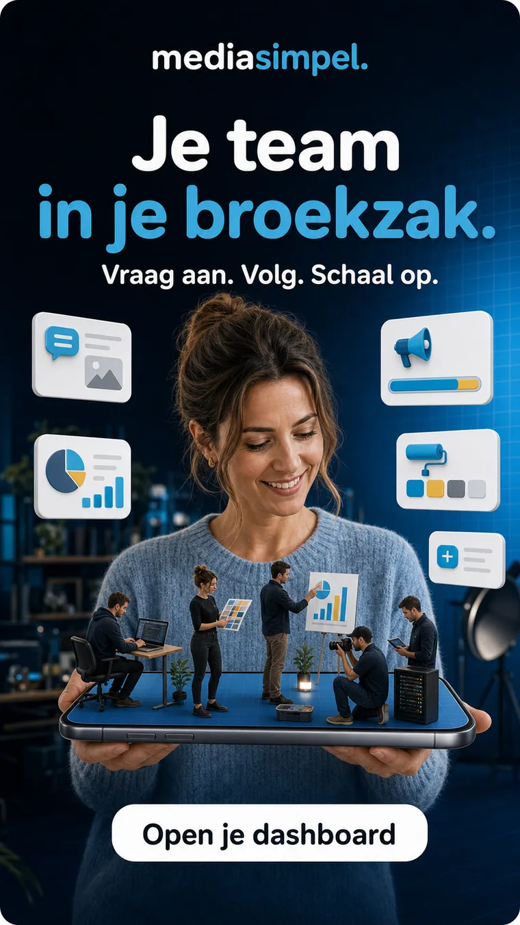 Je team in je broekzak: ondernemer houdt een telefoon vast met daarop haar complete mediateam aan het werk