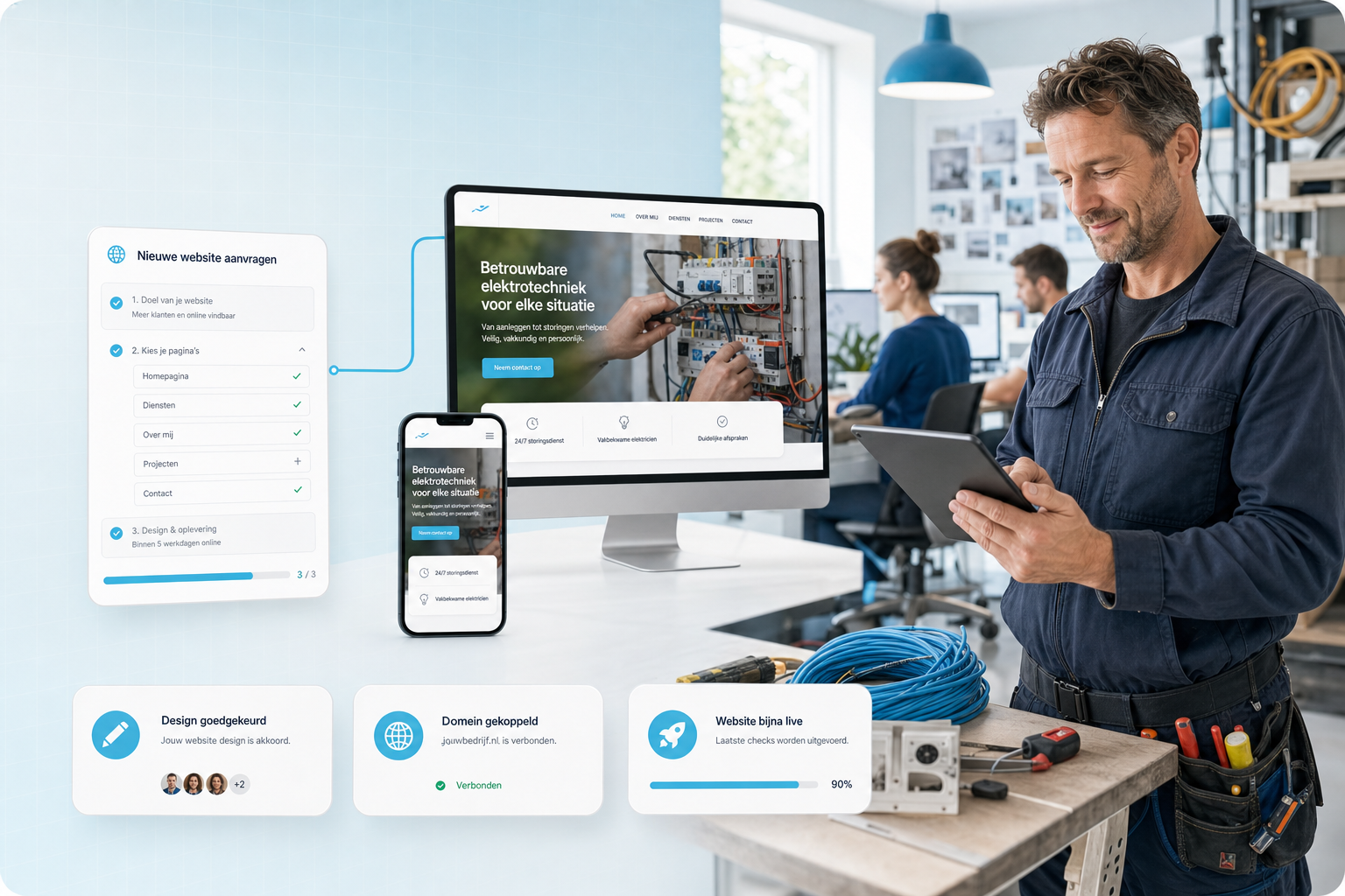 Vakman stelt een website samen en volgt de oplevering in het dashboard