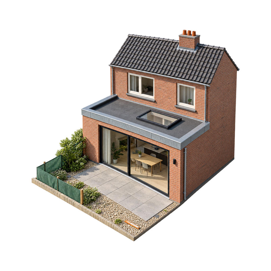 Maquette van een aanbouw aan een rijtjeshuis, met baksteen, een zinken dakrand en een glazen schuifpui
