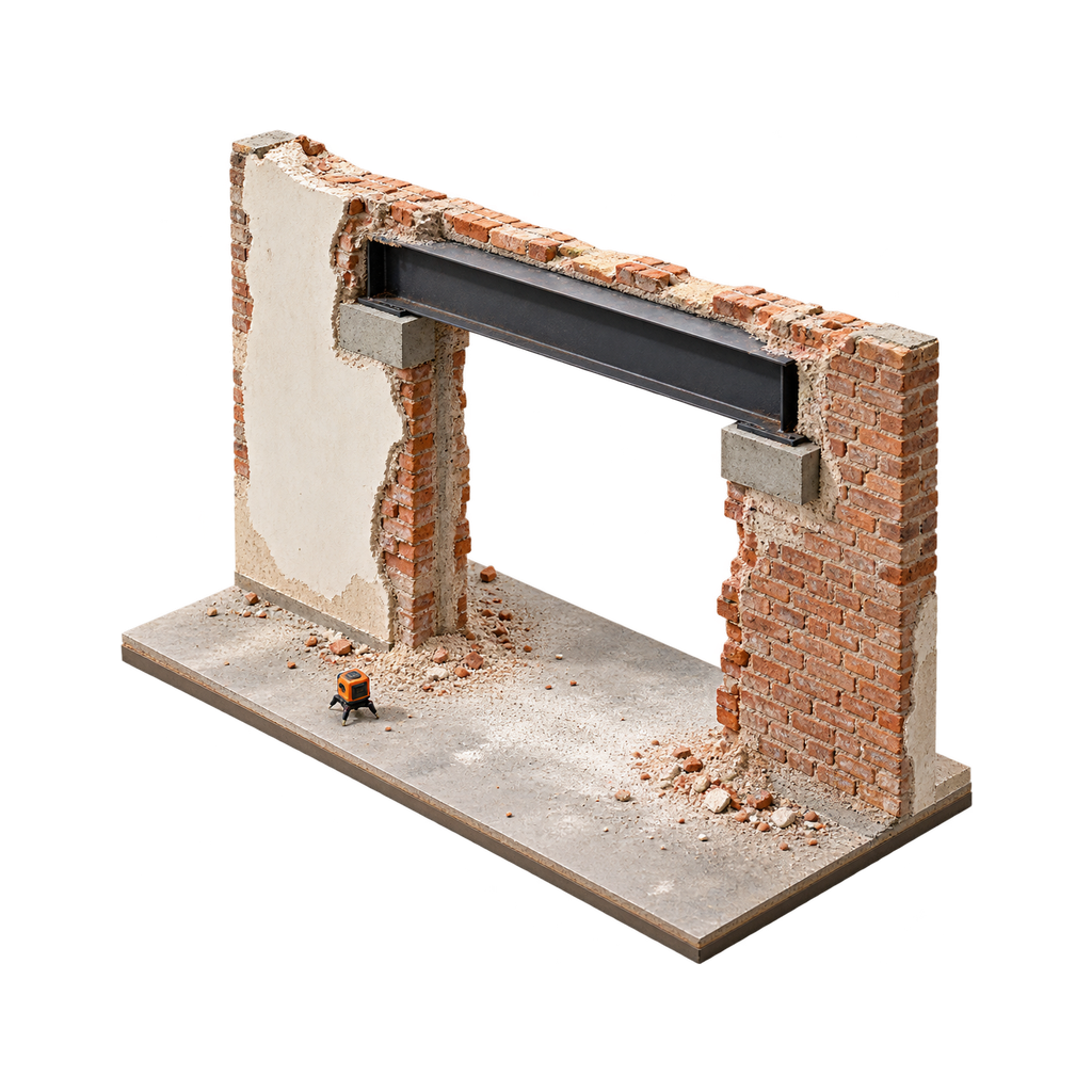 Maquette van een binnenmuur met een nieuwe doorbraak, een stalen ligger op twee betonnen opleggingen en kalkstof op de vloer