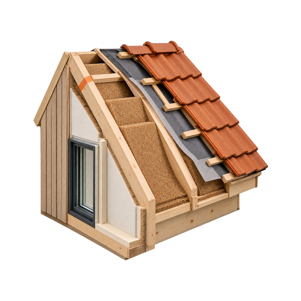Opengewerkte maquette van een schuin dak met houten sporen, houtvezelisolatie, folie, panlatten en kleidakpannen
