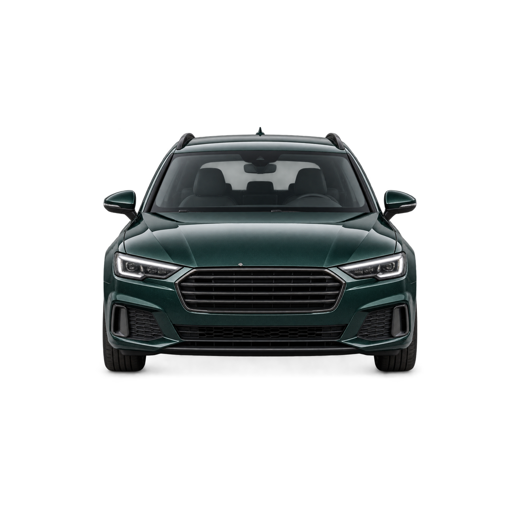 Schaalmodel van de groene stationwagen, recht van voren