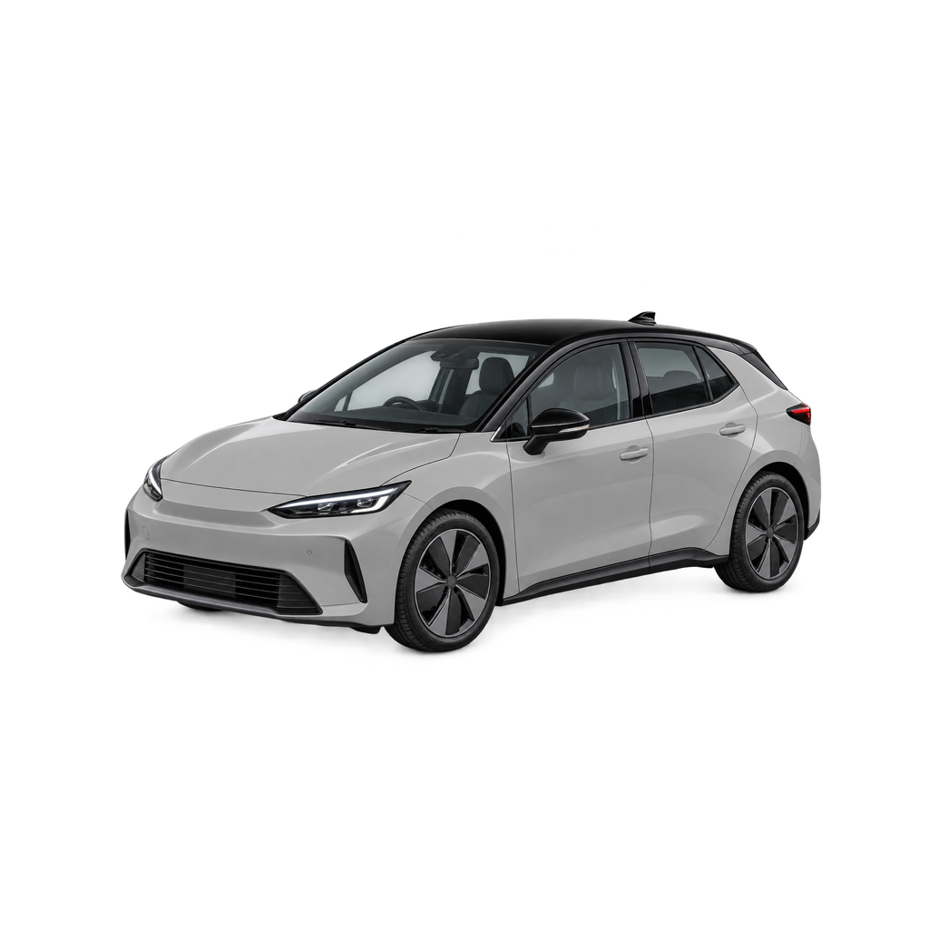 Schaalmodel van een hybride hatchback in steengrijs met zwart dak