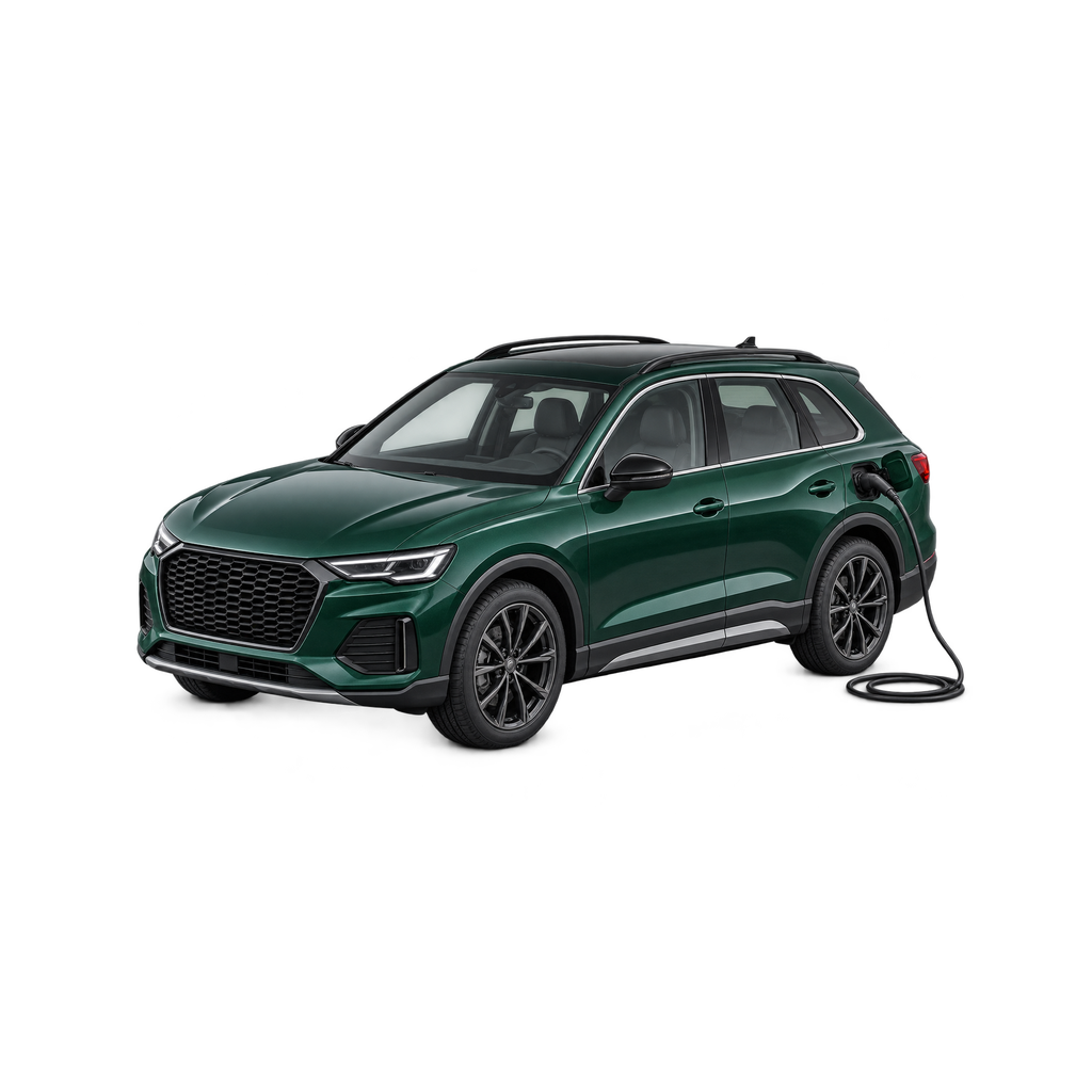 Schaalmodel van een groene plug-in hybride met open laadklep en kabel