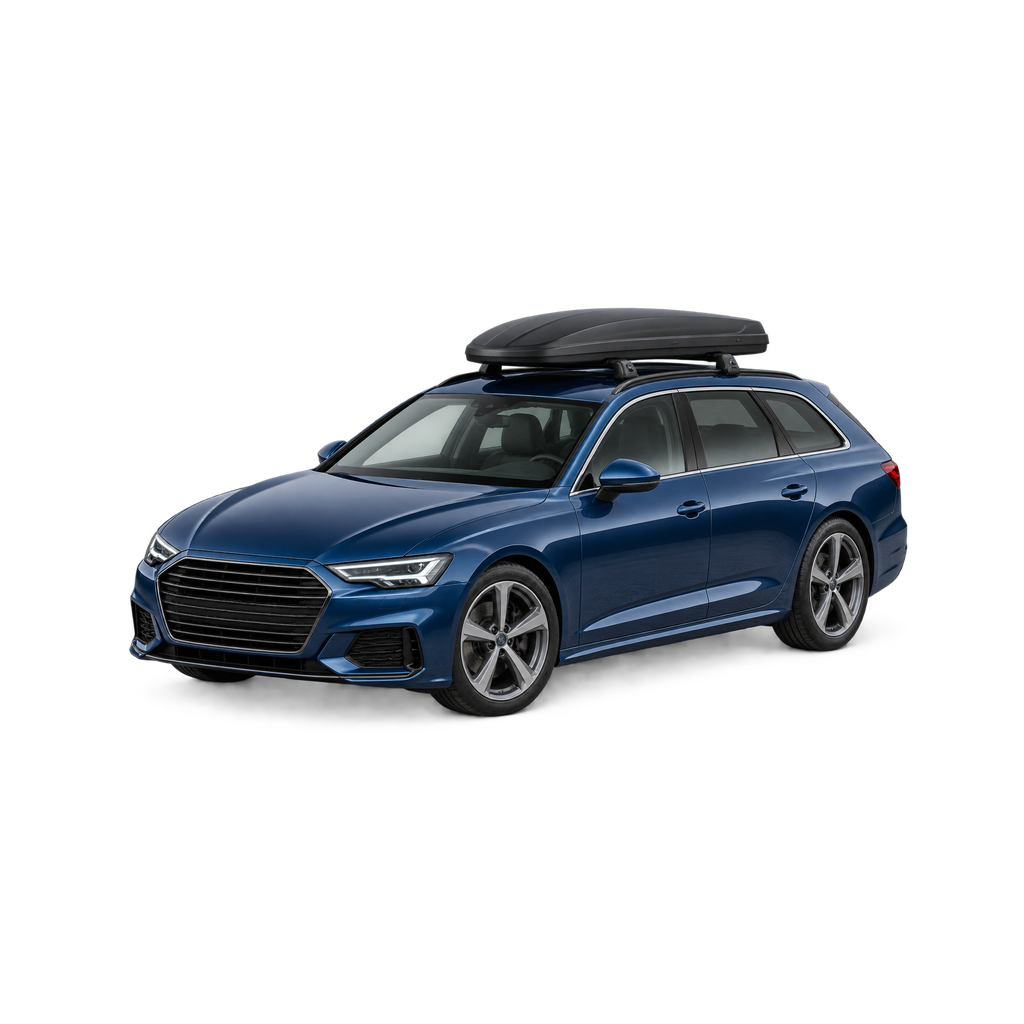 Schaalmodel van een donkerblauwe stationwagen met dakkoffer