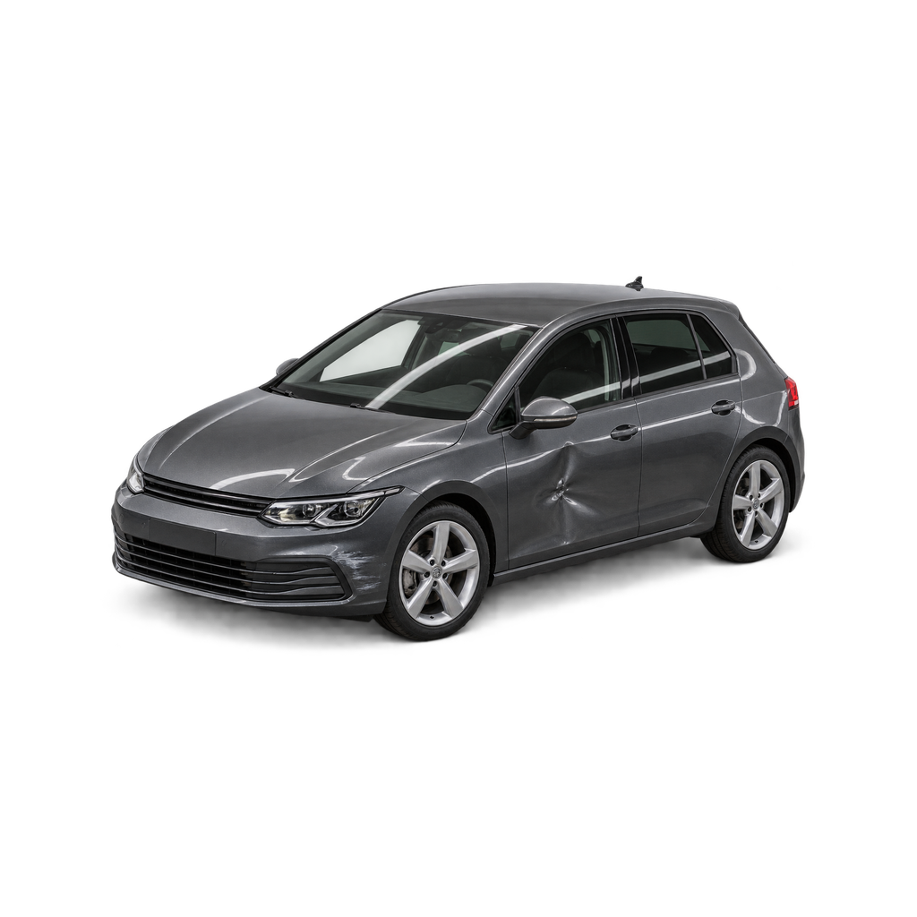 Schaalmodel van een grafietgrijze hatchback met een deukje in het portier en een schaafplek op de voorbumper