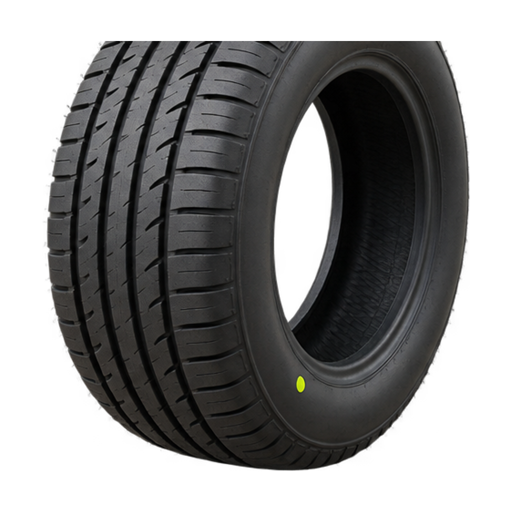 Nieuwe autoband zonder velg, schuin van boven gezien