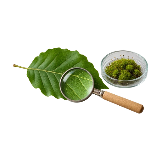 Beukenblad, petrischaal met mos en een loep met houten handvat