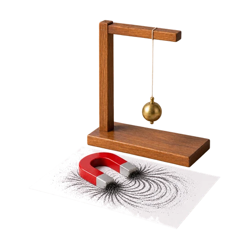 Koperen slinger aan een houten standaard en een hoefijzermagneet met ijzervijlsel